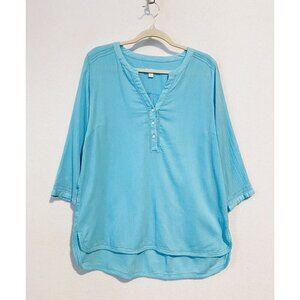J Jill Top Womens Medium Henley 3/4 Sleeve Hi Low Hem Aqua Blue Cotton Gauze
